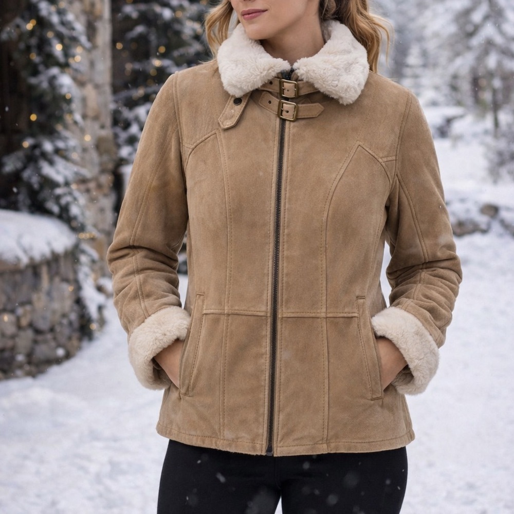 Wilsons Leather Buff Shearling-Trim Winter Coat | Genuine Leather | Like New